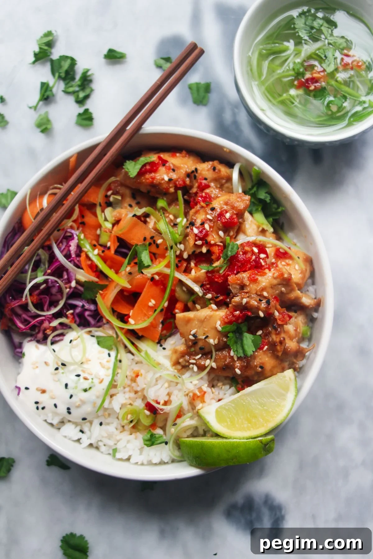 Chicken poke bowl on a grey marble background, with chopsticks on the side and a bowl of curly spring onions behind.