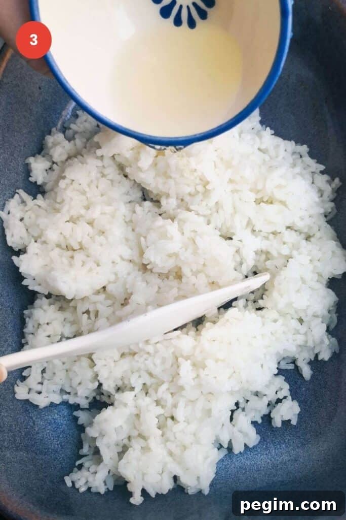 Mixing rice vinegar through sushi rice.