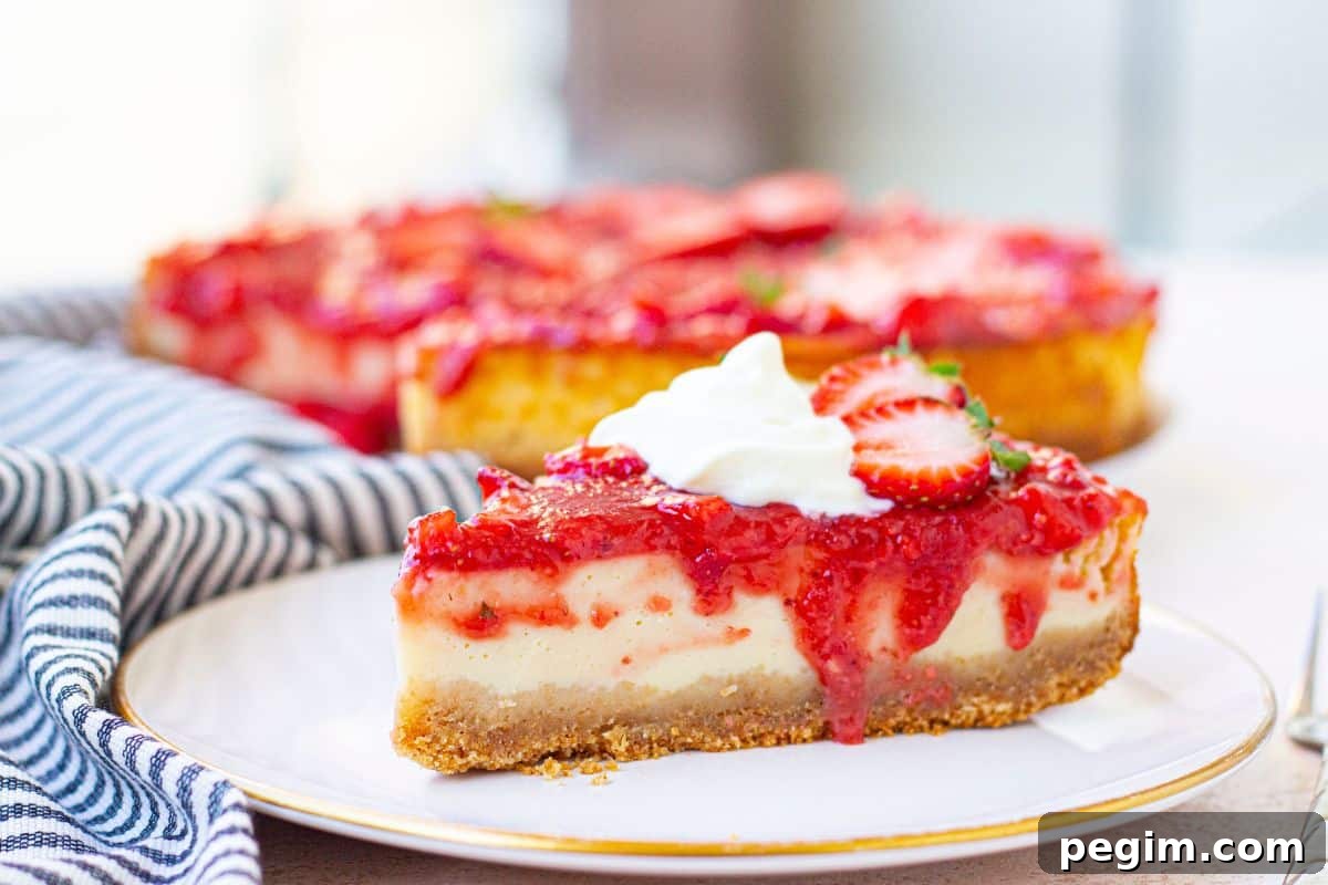 Protein cheesecake topped with strawberries topping on a white plate.