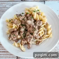 Creamy beef and mushroom stroganoff over egg noodles on a white plate.