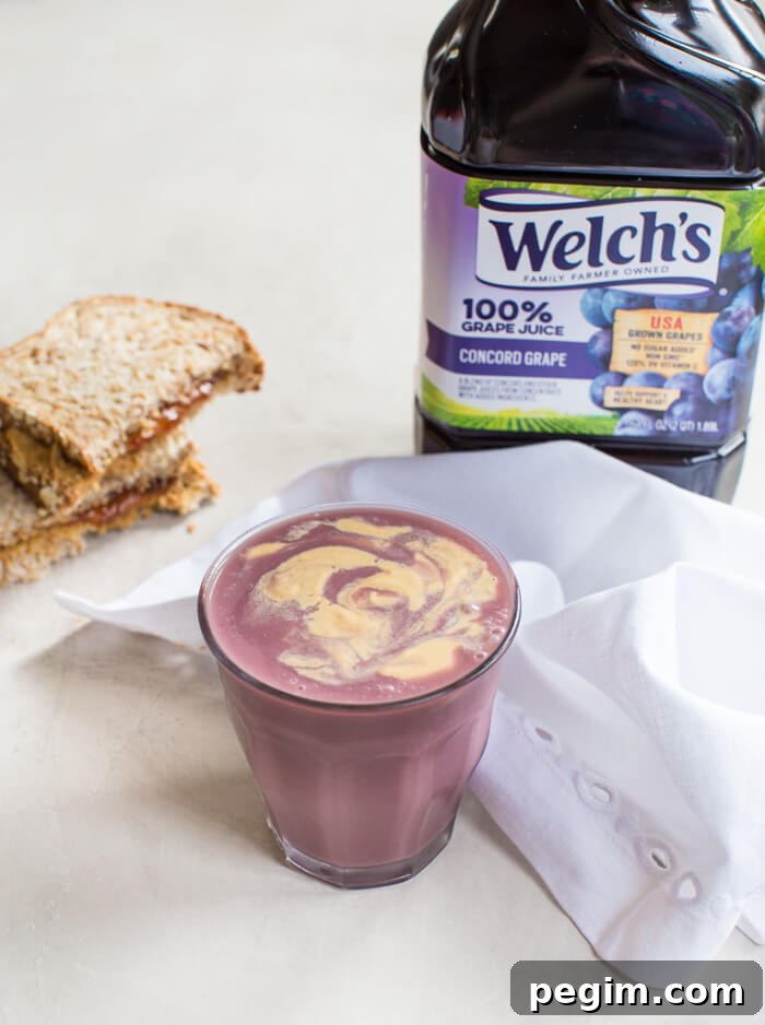 PB&J Chickpea Smoothie Recipe for Protein-Packed Breakfast 2 PB&J Chickpea Smoothie, a vegan protein shake that takes you back to your childhood. Made with chickpeas, 100% grape juice, peanut butter, and flax.