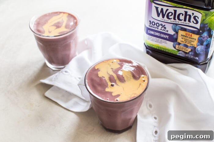 PB&J Chickpea Smoothie Recipe for Protein-Packed Breakfast 4 PB&J Chickpea Smoothie, a vegan protein shake made with chickpeas, 100% grape juice, peanut butter, and flax.