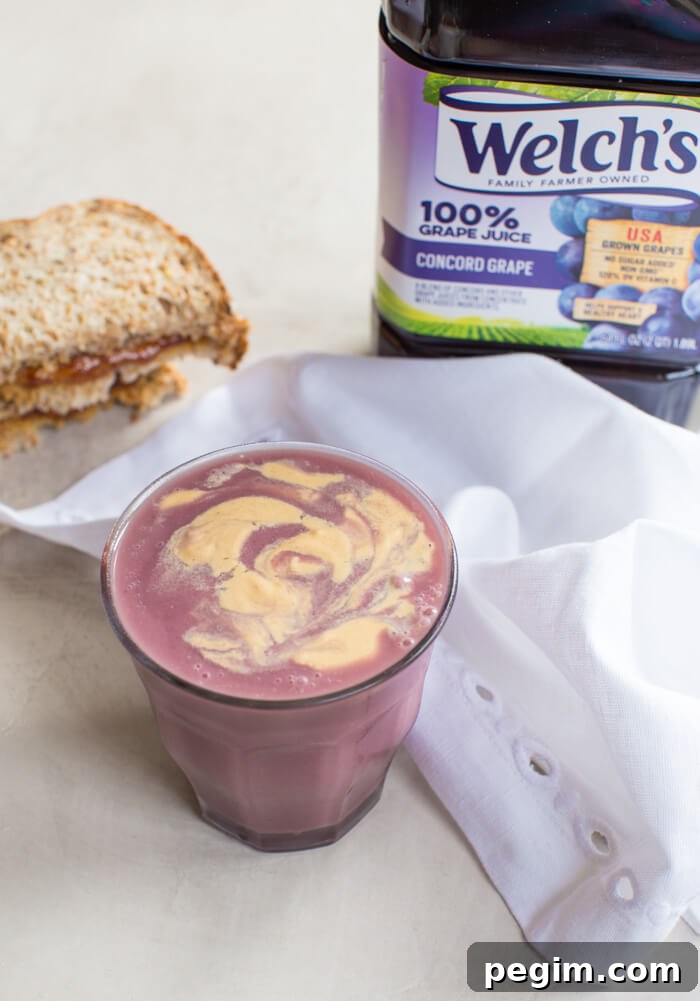 PB&J Chickpea Smoothie Recipe for Protein-Packed Breakfast 5 PB&J Chickpea Smoothie, a vegan protein shake made with chickpeas, 100% grape juice, peanut butter, and flax.