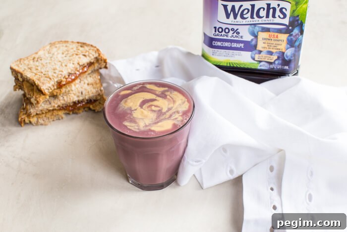 PB&J Chickpea Smoothie Recipe for Protein-Packed Breakfast 6 PB&J Chickpea Smoothie, a vegan protein shake made with chickpeas, 100% grape juice, peanut butter, and flax.