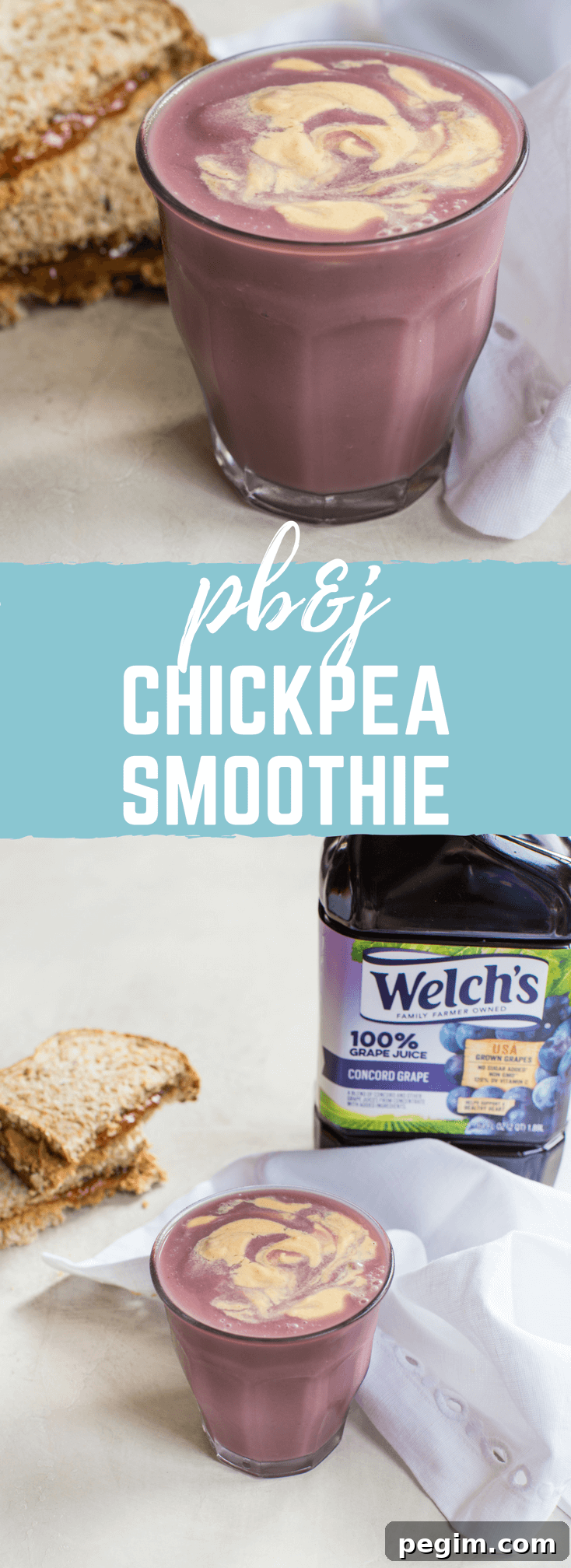 PB&J Chickpea Smoothie Recipe for Protein-Packed Breakfast 8 PB&J Chickpea Smoothie, a vegan protein shake made with chickpeas, 100% grape juice, peanut butter, and flax.