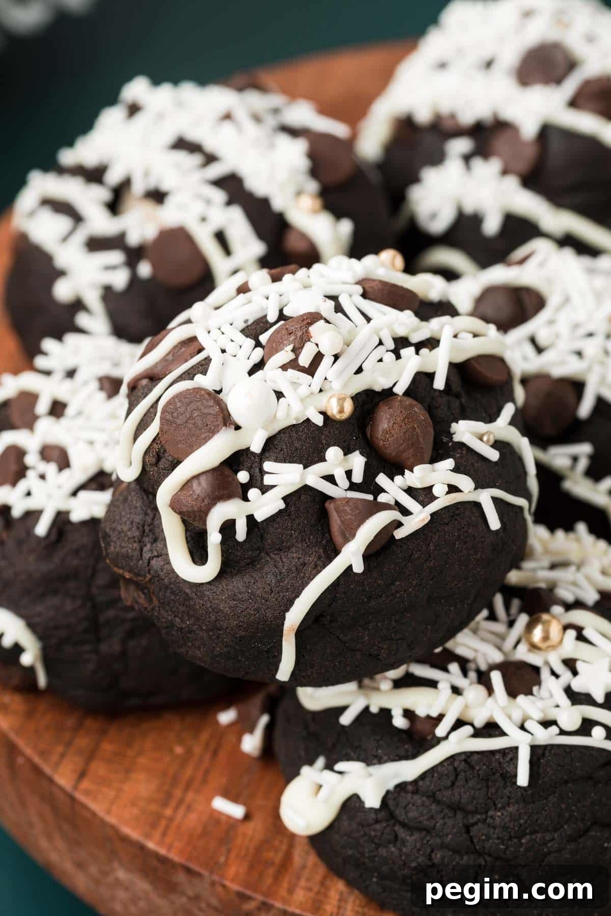 Close up photo of Peppermint Mocha Cookies on a wooden serving tray.