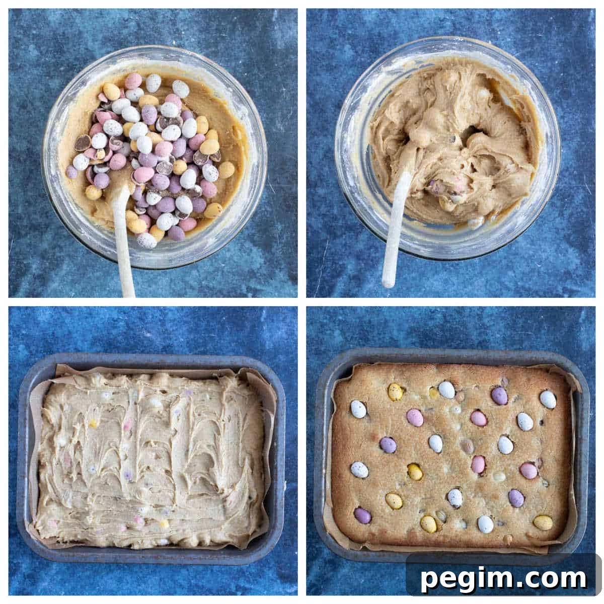 Step by step photo instructions for making mini egg cookie bars part 2.