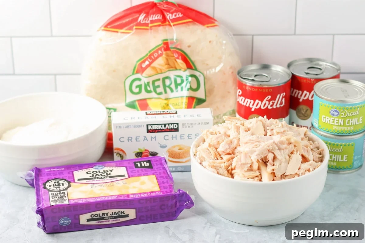 Ingredients for creamy chicken enchiladas on a kitchen counter.