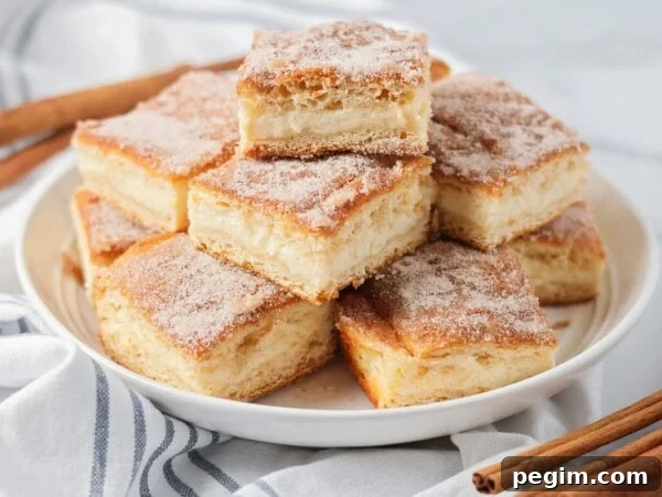 A plate of cute churro cheesecake bars sitting on a kitchen counter.
