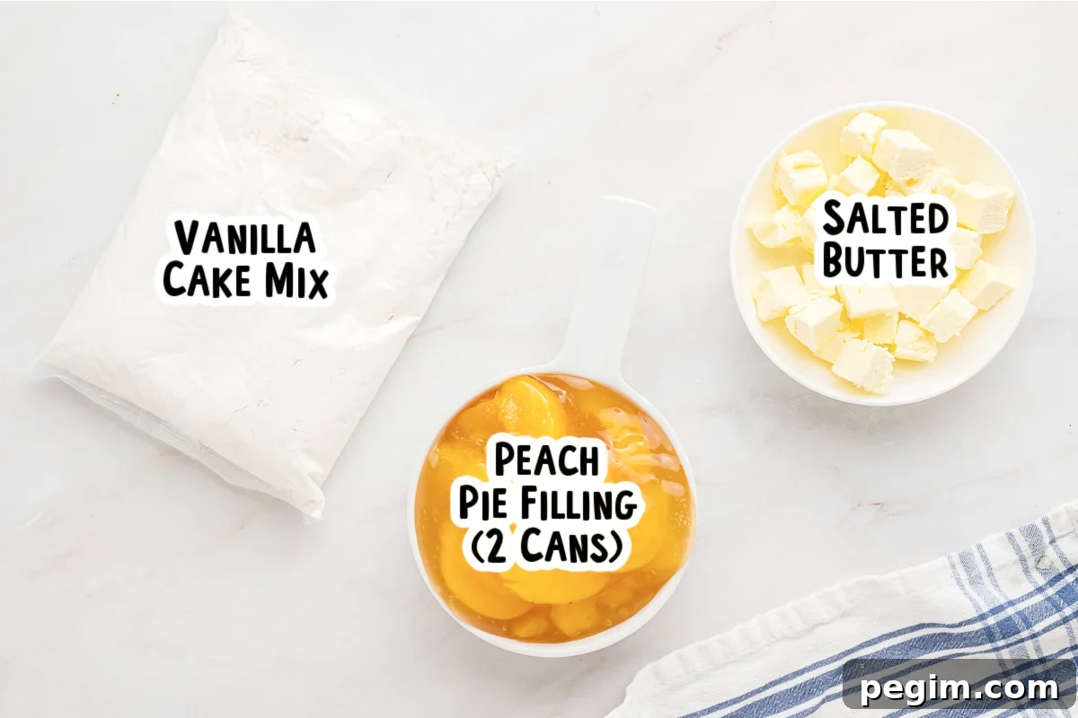 Ingredients for peach cobbler on a table.