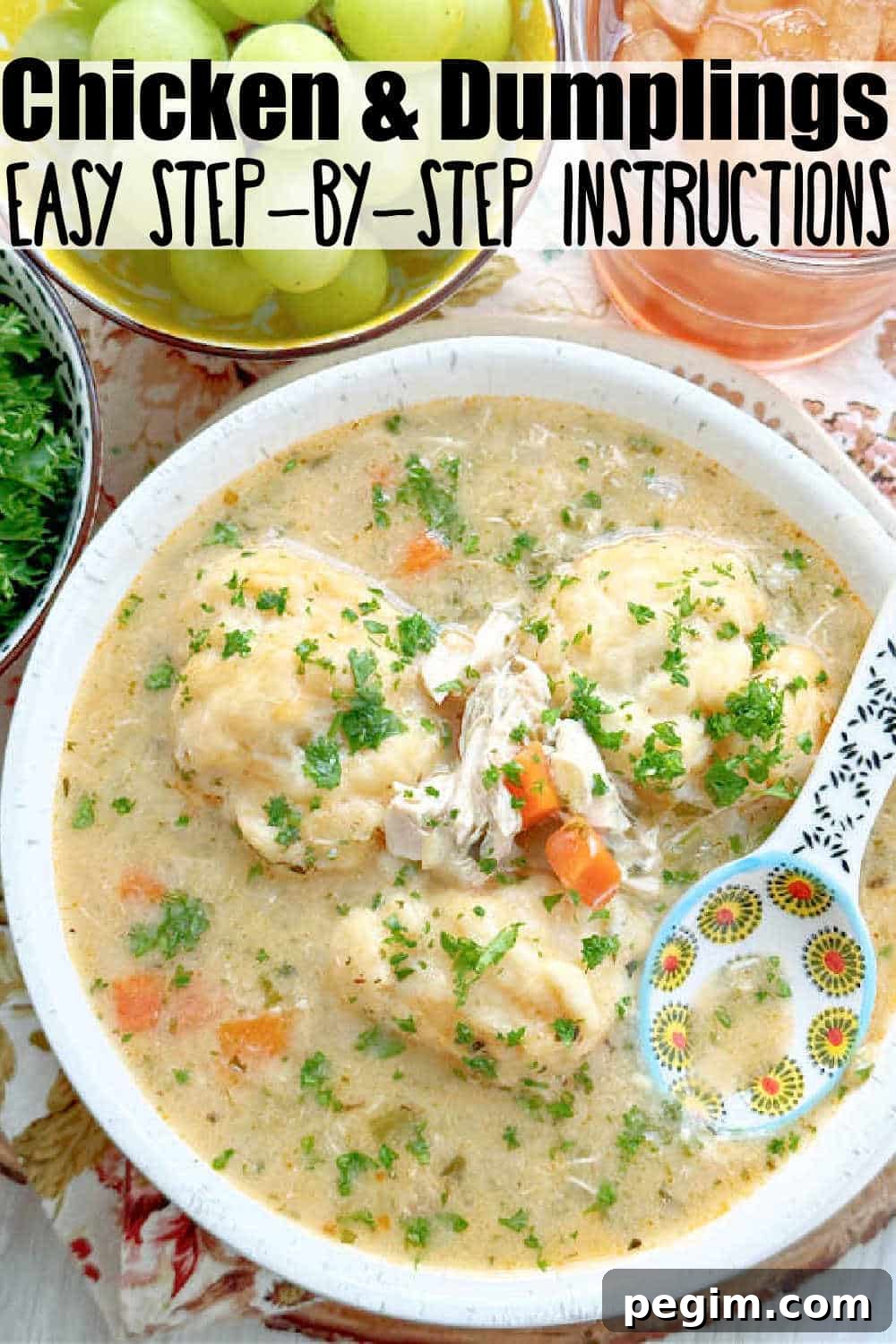 An easy chicken and dumplings recipe made with rotisserie chicken and homemade drop biscuit dumplings.