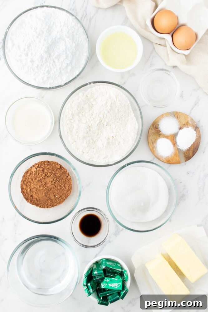 picture of sugar, flour, eggs, cocoa, butter, milk, vanilla, food coloring in bowls on a table