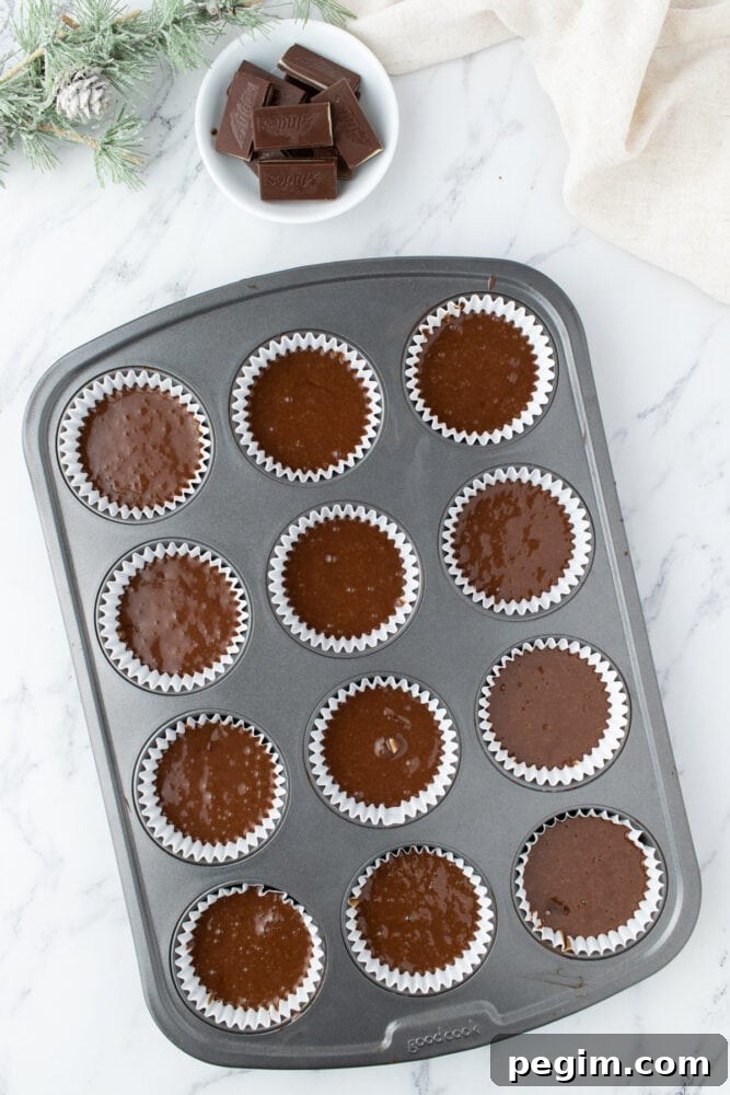 chocolate mint cupcake batter in a cupcake tin with muffin liners and mint chips next to it on a table