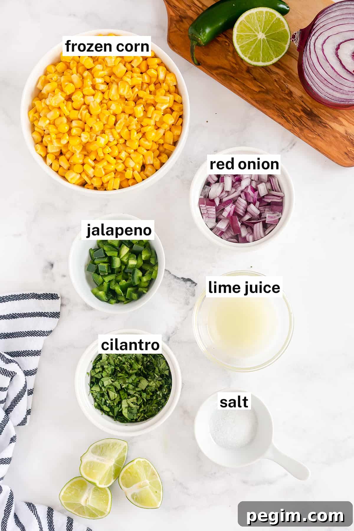 The ingredients to make Easy Corn Salsa just like Chipotle's with text overlay.