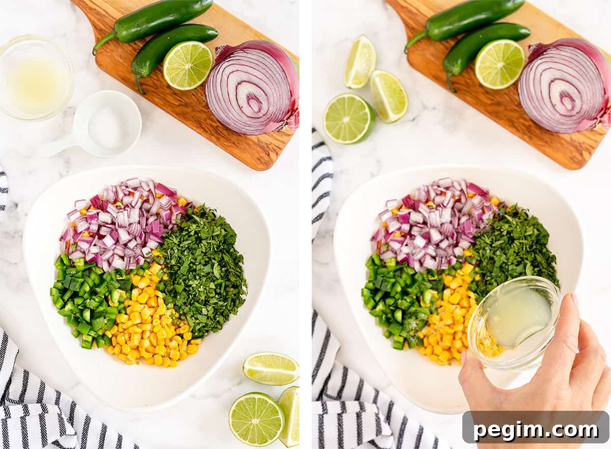 Corn, onion, jalapeno, and cilantro are combined with lime juice.