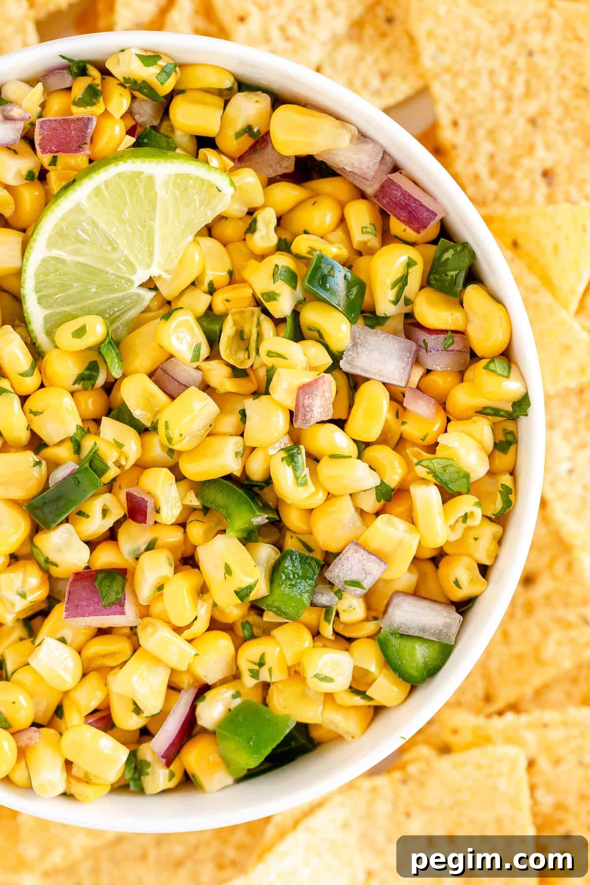 A bowl of corn salsa surrounded by tortilla chips shot from over the top.