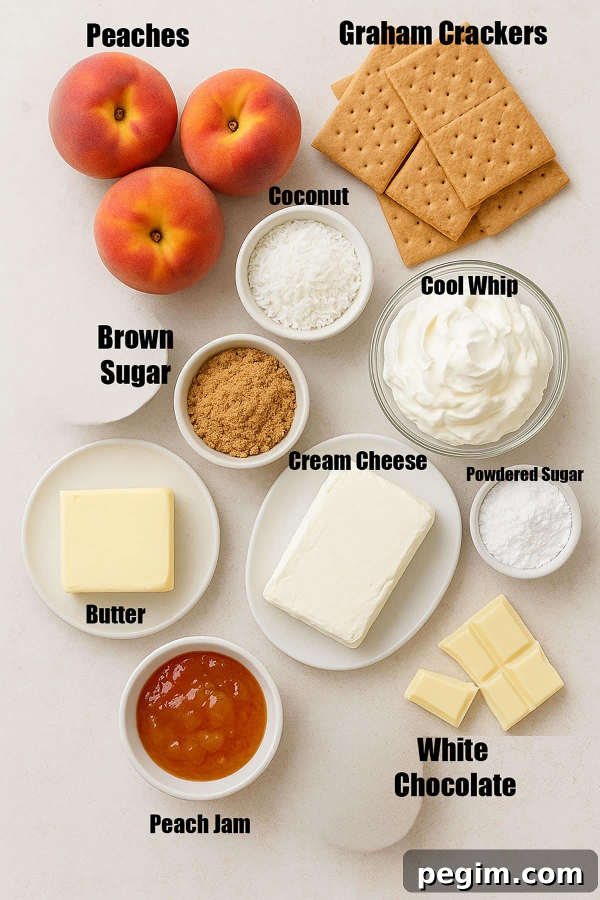 Ingredients for recipe on neutral off white background.