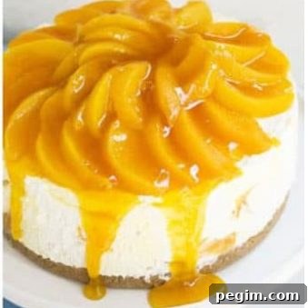 Best Easy No Bake Peach Cheesecake on White Cake Stand.
