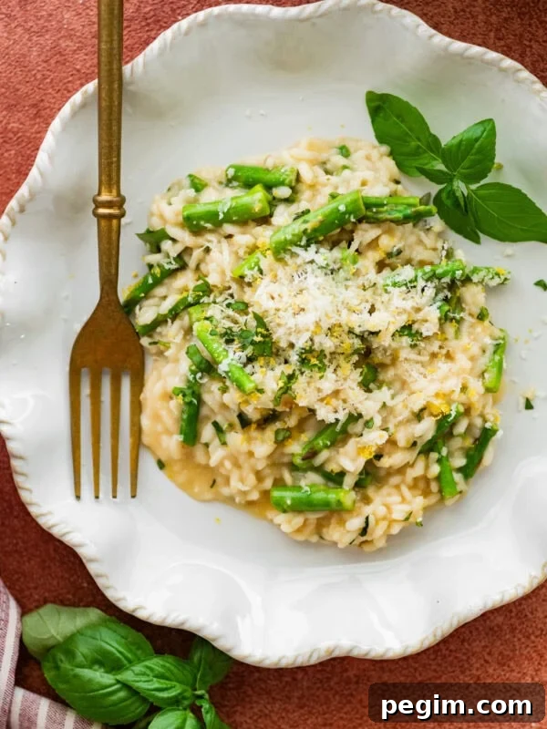 A plate of asparagus risotto with garnish and a fork.