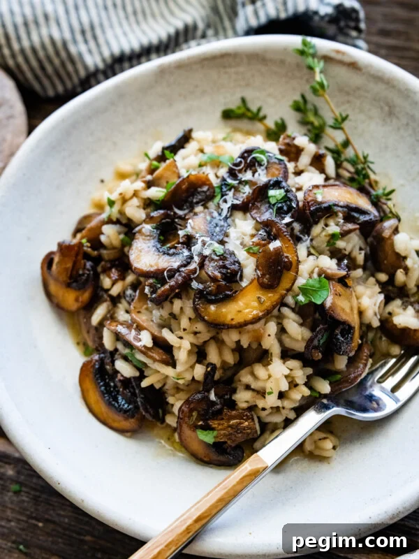Close up of plated mushroom risotto in a white bowl with a fork.