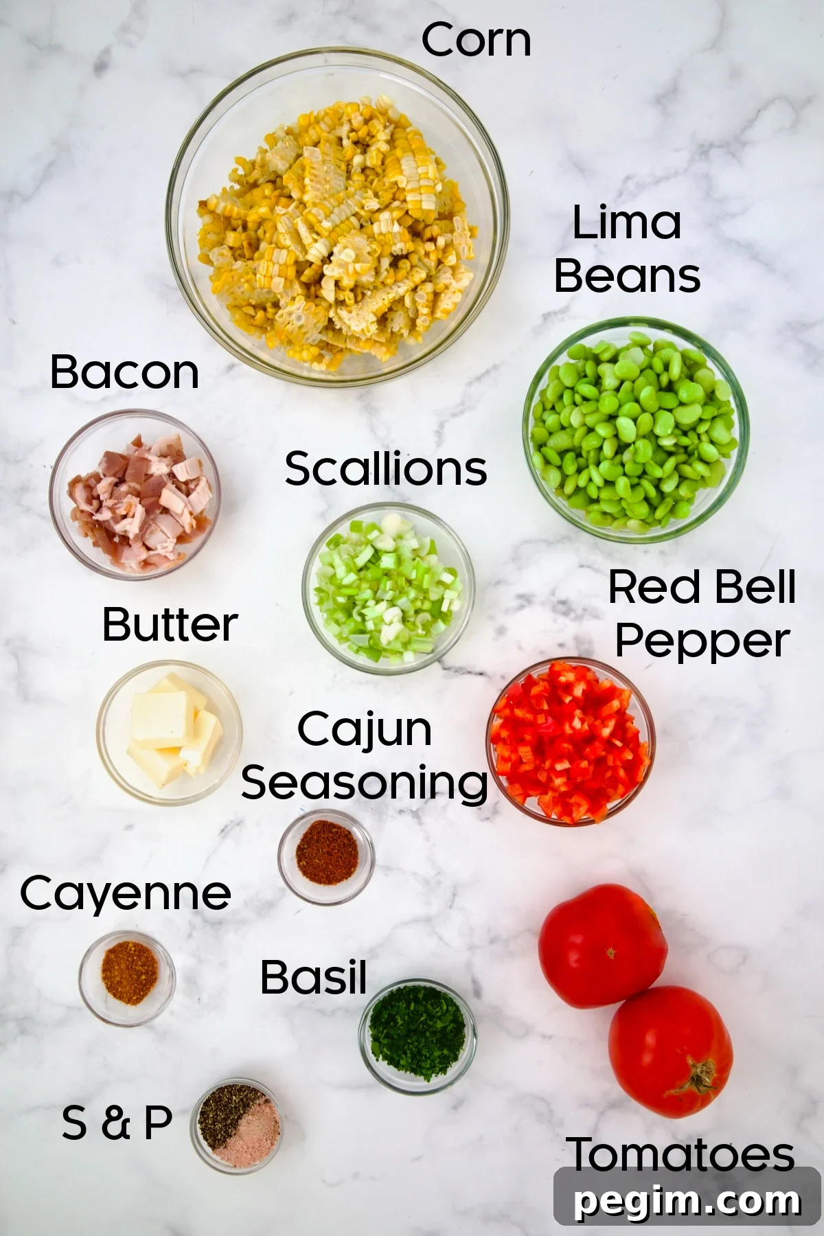 Ingredients for Grilled Corn Succotash in glass bowls.