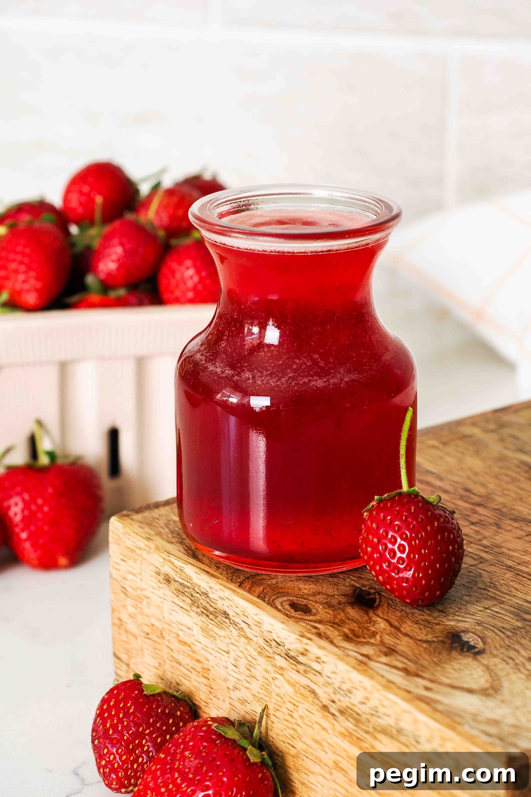 A small glass jar of strawberry simple syrup on a wooden platform.