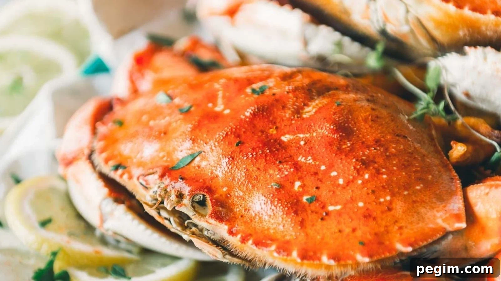 Steamed whole Dungeness crab cracked open with bright orange shell served beside melted butter.
