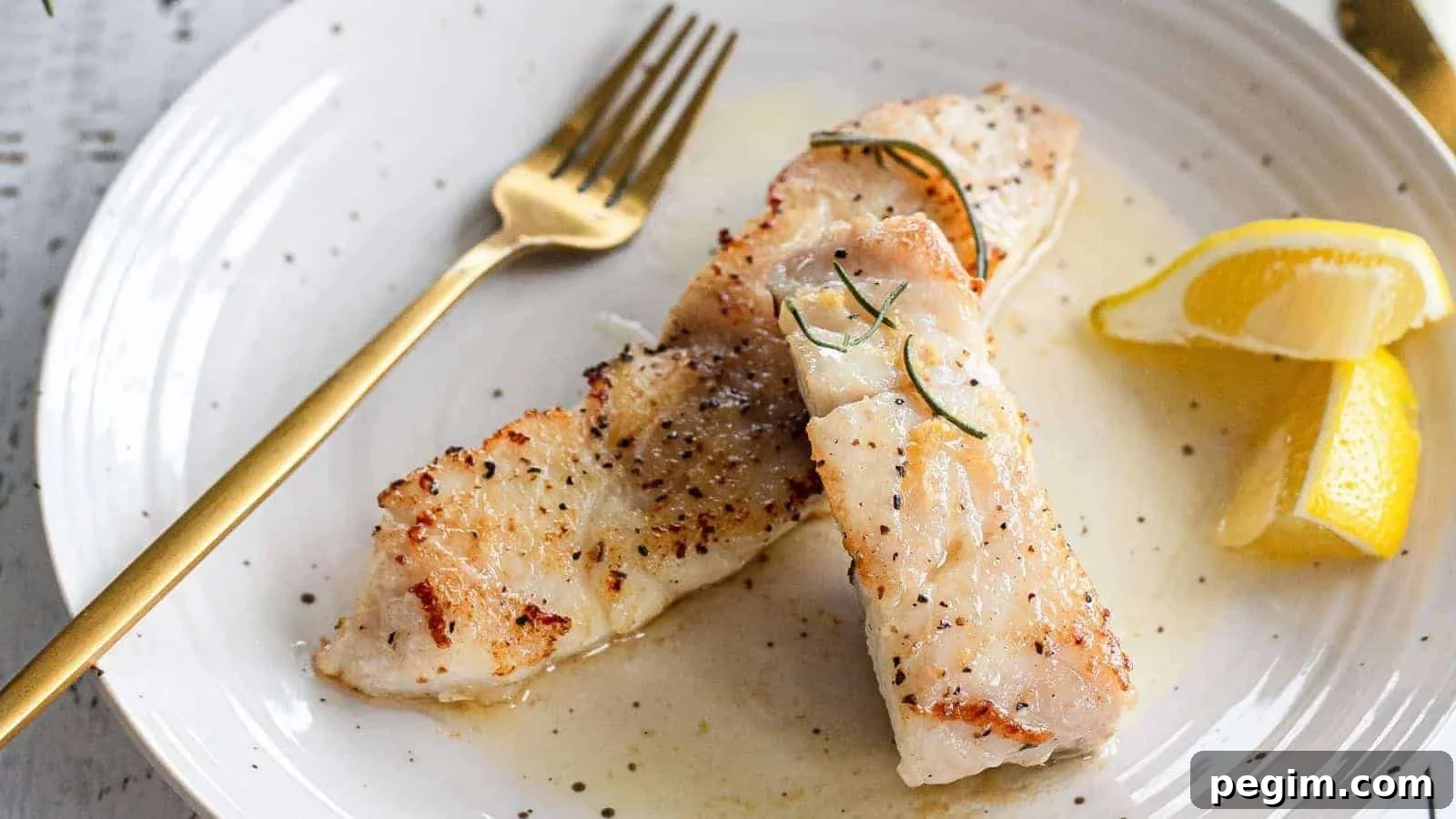 White fish fillets on a white plate with lemon wedges and fork.