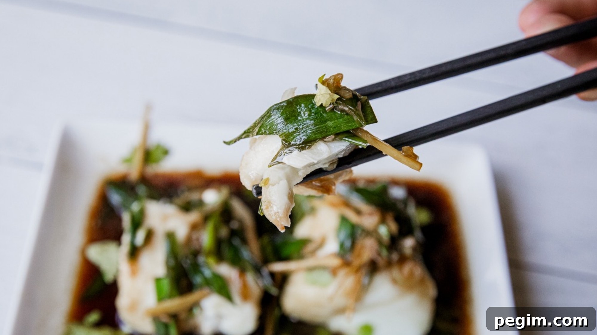 Black chopsticks hold a piece of white fish topped with sliced green onions and thin strips of ginger above a plate of fish in dark sauce.