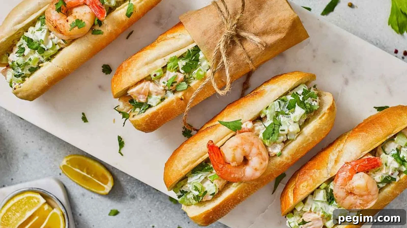 Four shrimp rolls in split buns topped with chopped herbs sit on a sheet of paper on a light surface, with lemon wedges nearby and one roll partially wrapped in brown paper tied with string.