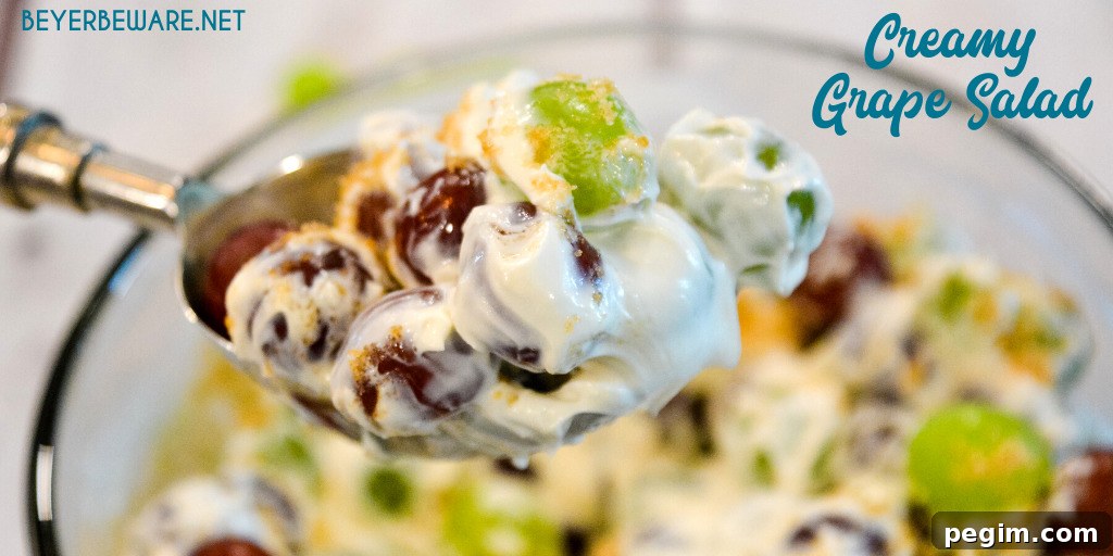 Close-up of creamy grape salad with a sweet cream cheese dressing.