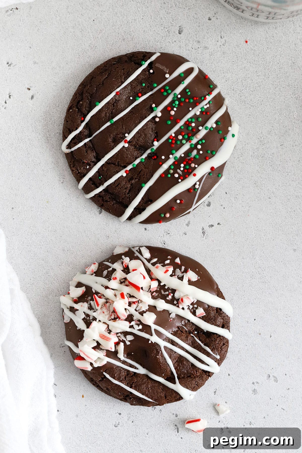 Gluten-free chocolate candy cane cookies on a white background