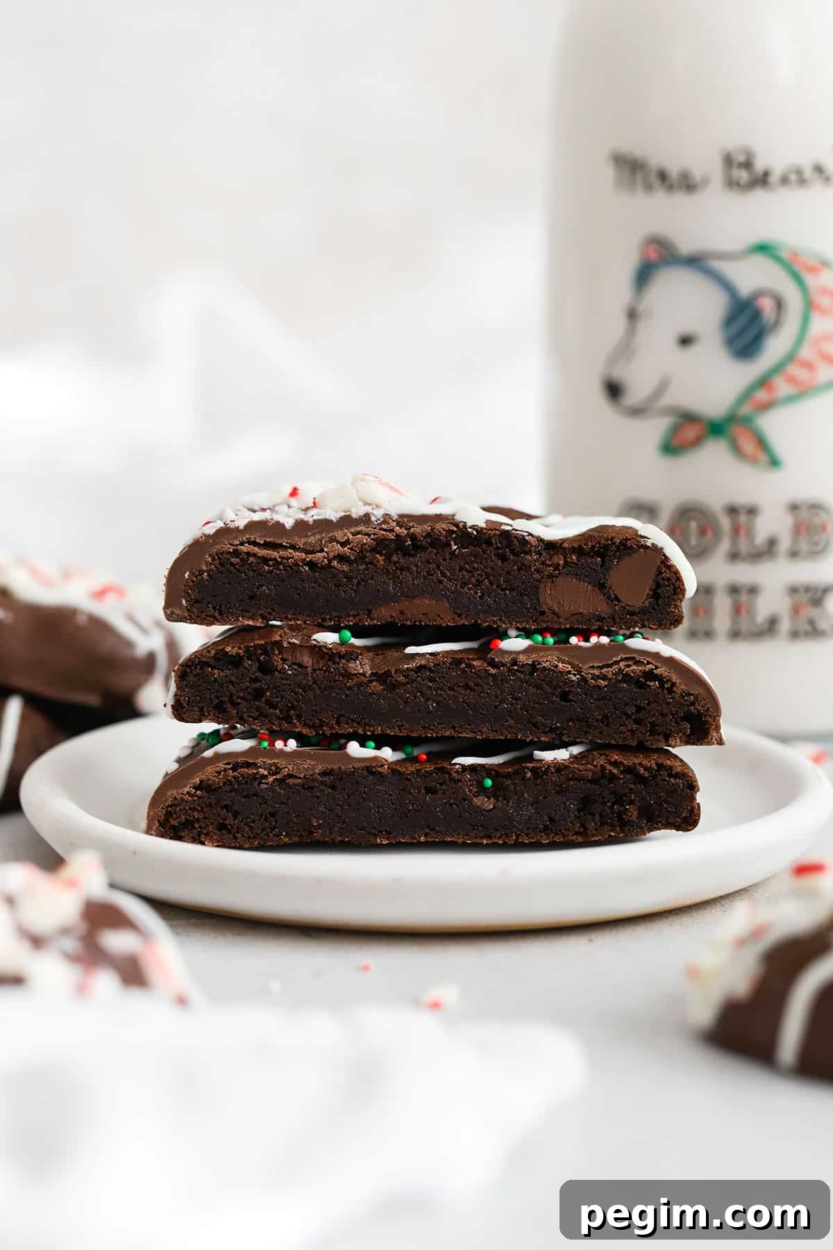 Gluten-free chocolate peppermint cookies cut in half