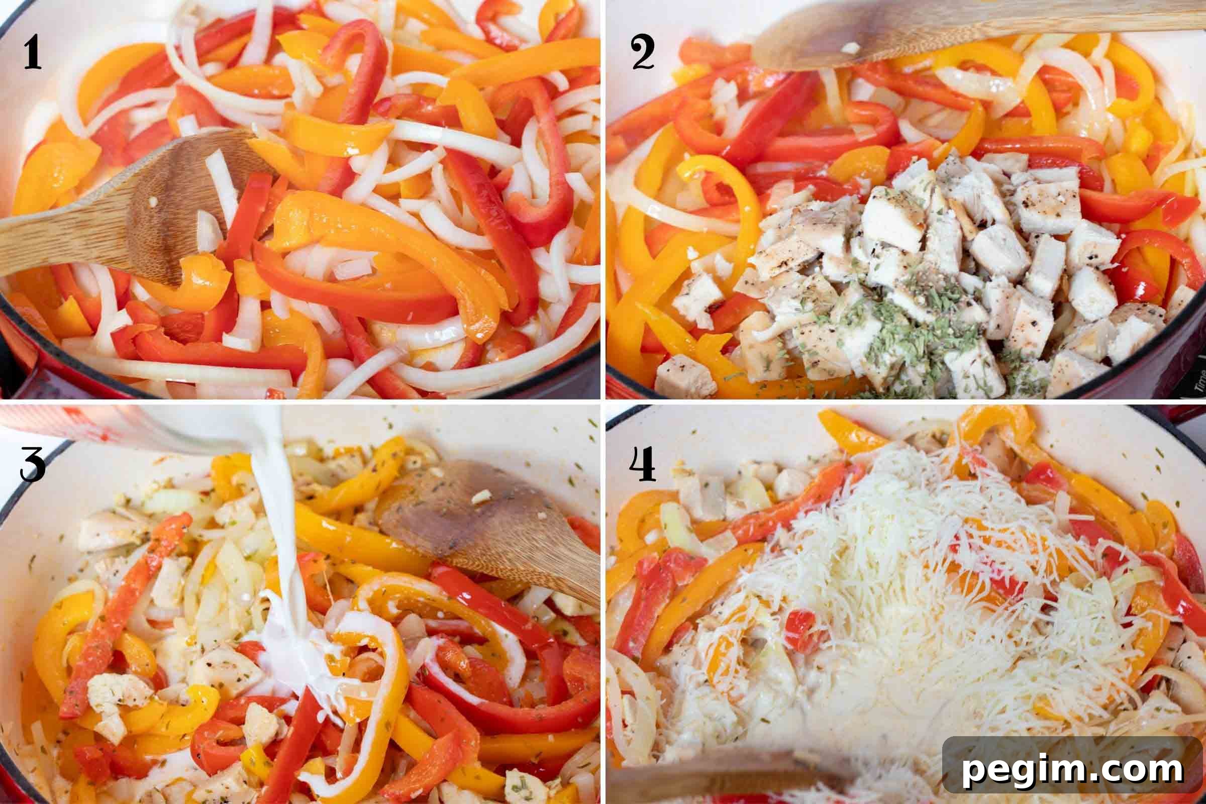Composite image: 1- sautéing strips of onion and red and yellow bell peppers; 2- peppers and onion after adding cooked chicken and seasonings; 3- adding half and half; 4- adding shredded white cheese.