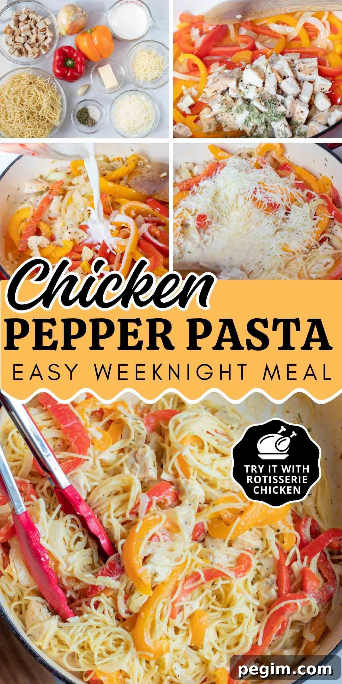 Composit image showing preparation stages of chicken pepper pasta and the finished recipe in the pan with text Chicken Pepper Pasta (easy weeknight meal) - try it with rotisserie chicken.