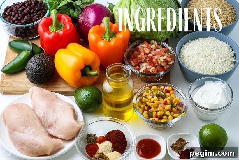 Ingredients to make copycat Chipotle chicken bowl recipe with text overlay.