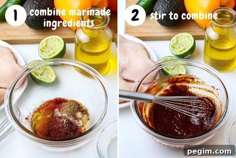 Two photo collage of combining the chicken marinade ingredients in a glass bowl and mixing them together with text overlay.