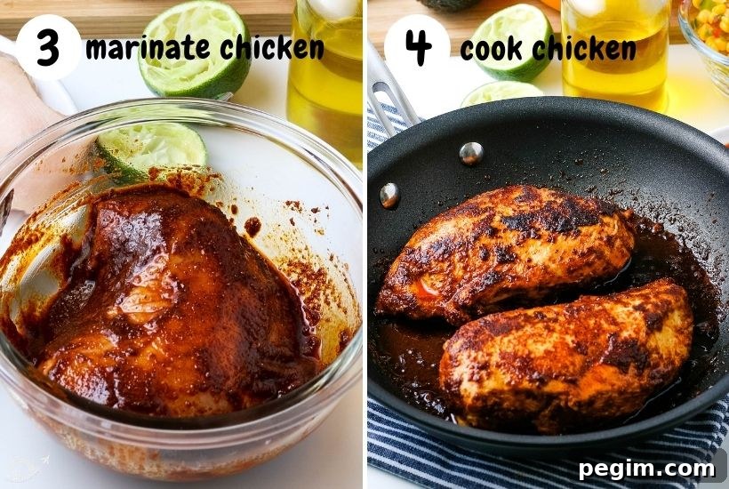 Two photo collage of marinating the chicken in a bowl and cooking the chicken in a skillet with text overlay.