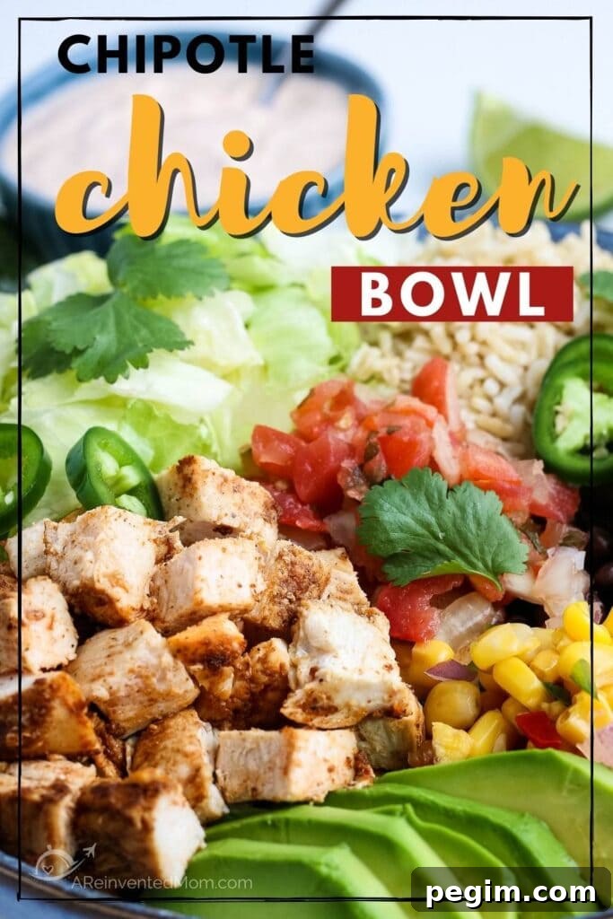 Closeup view of plated chicken Chipotle bowl with Southwest dressing with text overlay.