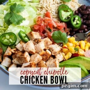 plated chicken chipotle chicken bowl- text overlay copycat chipotle chicken bowl