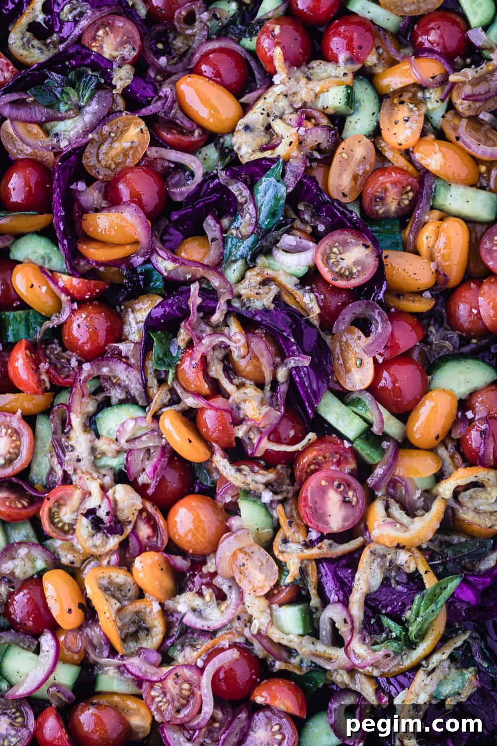 roasted lemon summer salad flatlay with cherry tomatoes, cucumbers, purple cabbage, pickled red onion and basil.