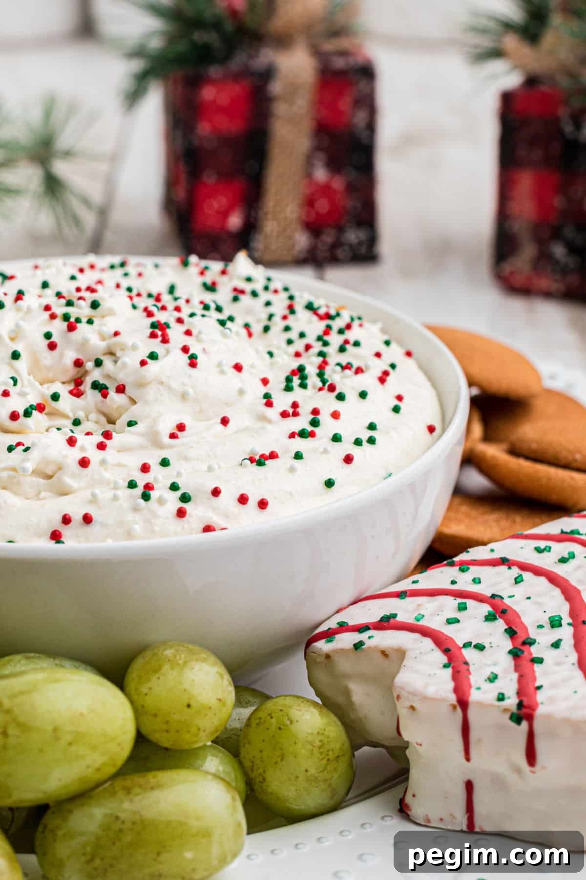 Side shot of a bowl full of Christmas Tree Dip.