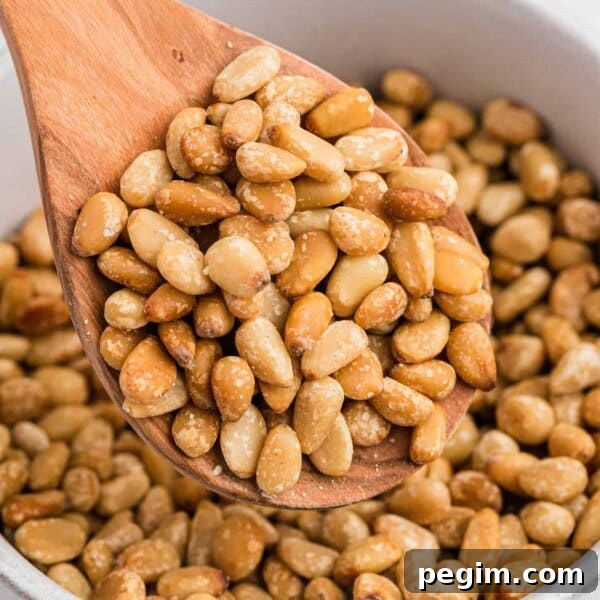 Toasted pine nuts on a wooden spoon.