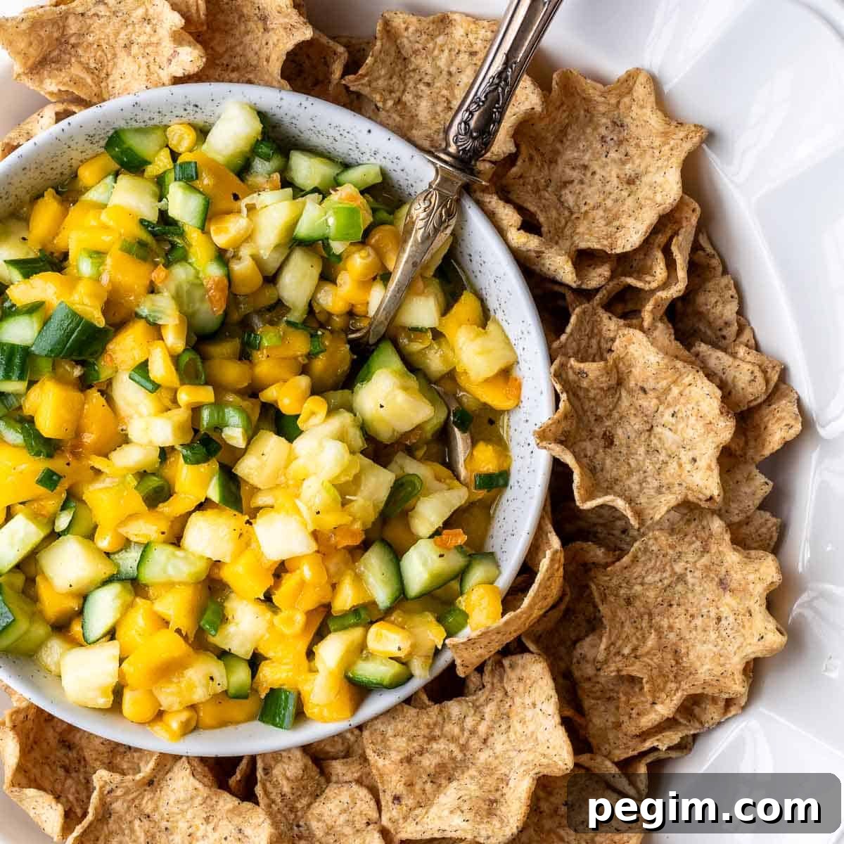 bowl of mango salsa with serving spoon on bowl with tortilla chips.