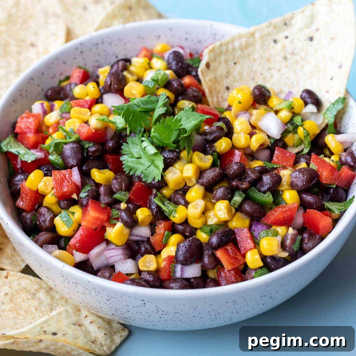 bowl of black bean and corn salsa with chip in it.