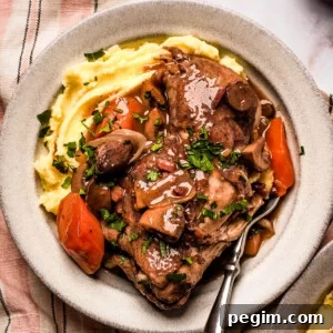 A serving of coq au vin with mashed potatoes on a stoneware plate.