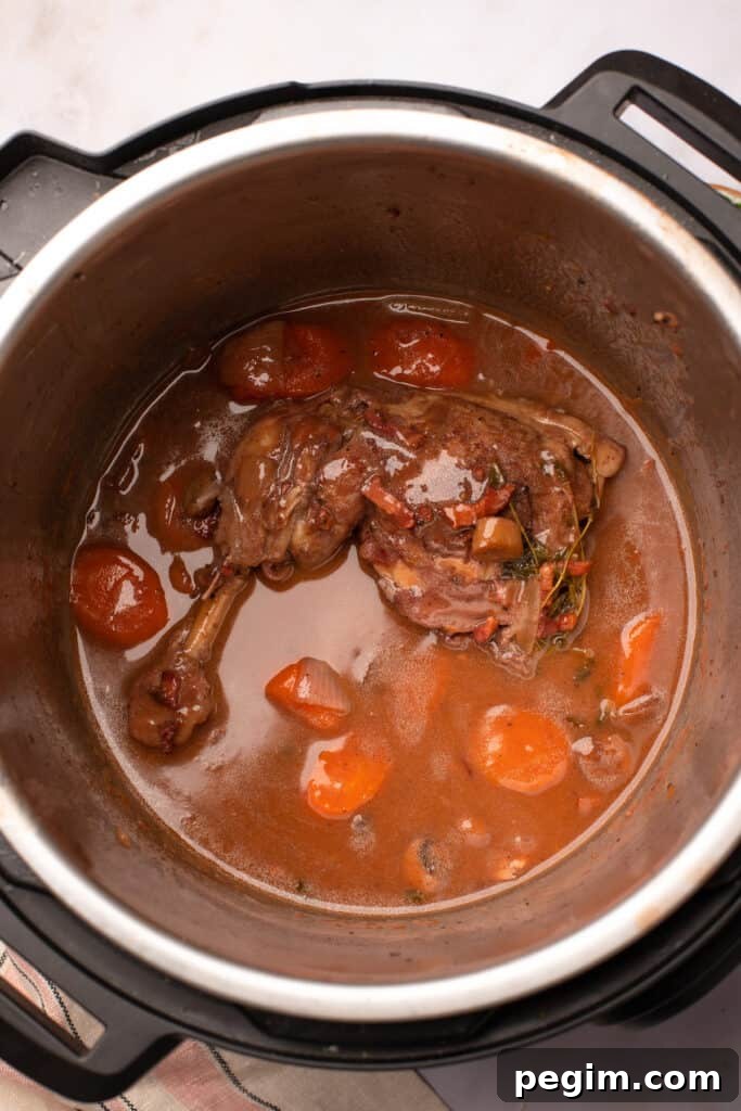 Cooked chicken and vegetable in sauce in the Instant Pot.
