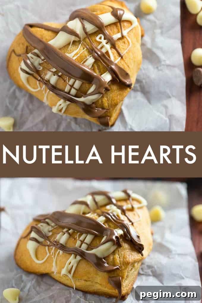 Heart-Shaped Nutella Cookies Recipe for Valentine's Day 6 Nutella Hearts - Smooth, creamy Nutella nestled inside a buttery heart-shaped croissant with drizzled milk and white chocolate on top. This Valentine's Day dessert is sublime!