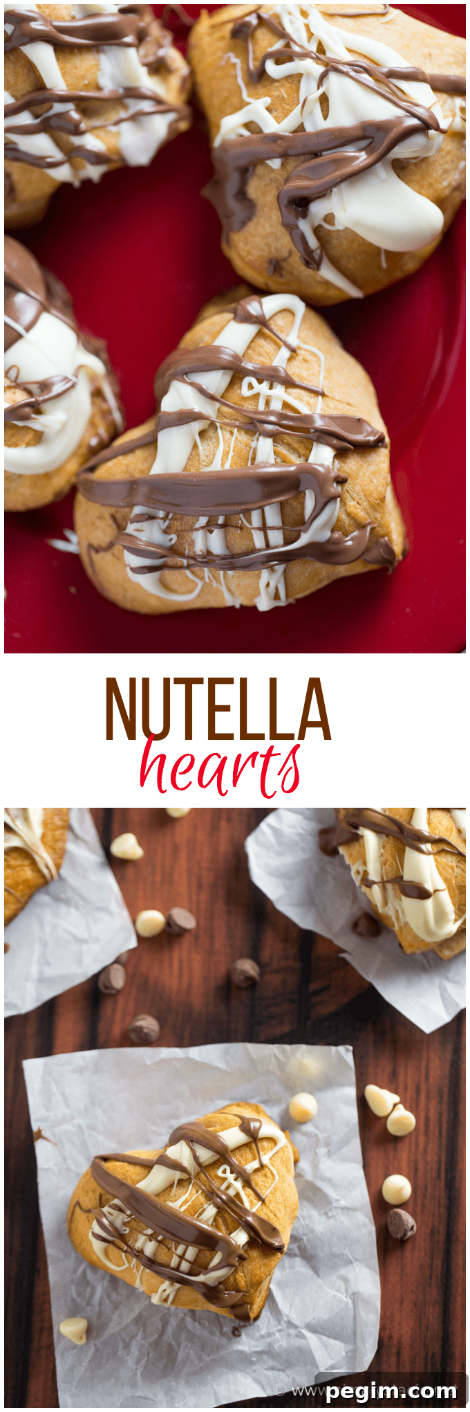Heart-Shaped Nutella Cookies Recipe for Valentine's Day 7 Nutella Hearts - Smooth, creamy Nutella nestled inside a buttery heart-shaped croissant with drizzled milk and white chocolate on top. This Valentine's Day dessert is sublime!
