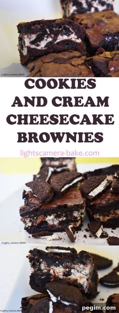 Cookies and Cream Cheesecake Brownies Recipe 18 Long pinterest image with three images and a title.
